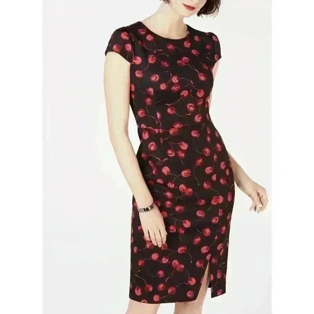 Betsey Johnson Women’s Cherry Sheath Dress Black Red Size 6 Fitted Short Sleeve